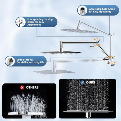 12" Metal Rain Shower Head with Handheld, High-Pressure Showerhead,10-Mode | Chrome, Rainfall Shower Head with 5" Large Handheld Spray, Adjustable 16" Shower Extension Arm/71" Hose, Brass 3-Way Diverter