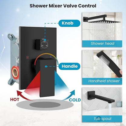 gotonovo Bathtub Shower Faucet Set, 10 Inch Shower Head, Matte Black | Wall Mounted Shower System with Tub Spout for Bathroom, Square High Pressure Rain Shower head with Handheld Spray, All Metal