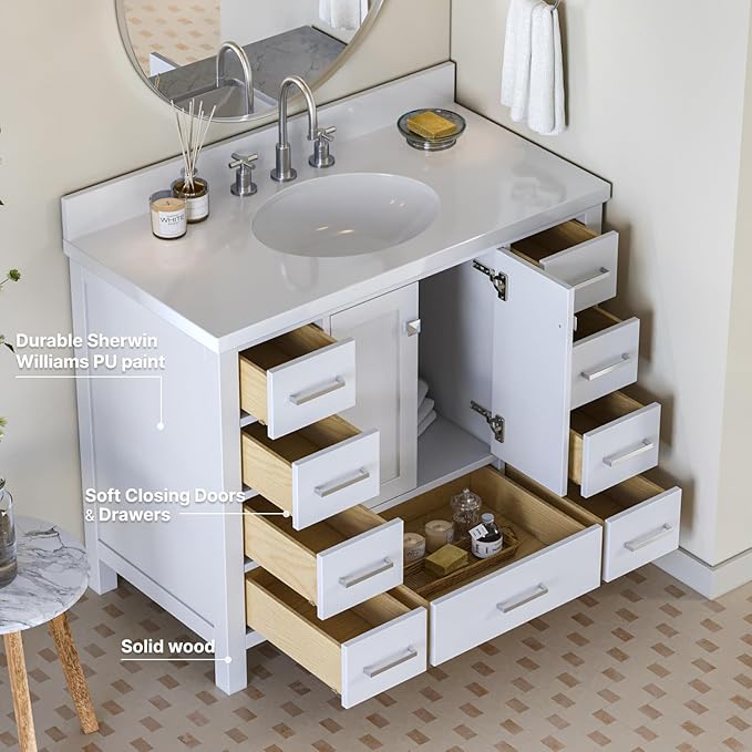 ARIEL Cambridge 42-inch Bathroom Vanity with Sink,Solid Wood, 1.5-inch Pure White Quartz Countertop & Backsplash, Single Oval Porcelain Sink, 2 Soft Closing Doors, 9 Dovetail Drawers, White