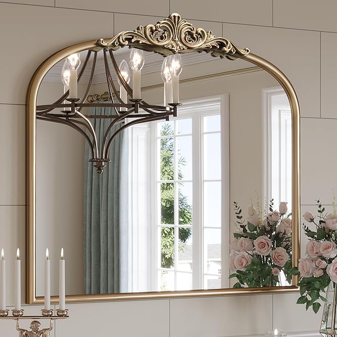 Arched Antique Gold Wall Mirror, 36"x30" Large Vintage Gold Ornate Wall Mirror, Wide Brass Mantle Mirrors for Bathroom Over Sink, Fireplace, Living Room, Entryway, Hanging or Leaning