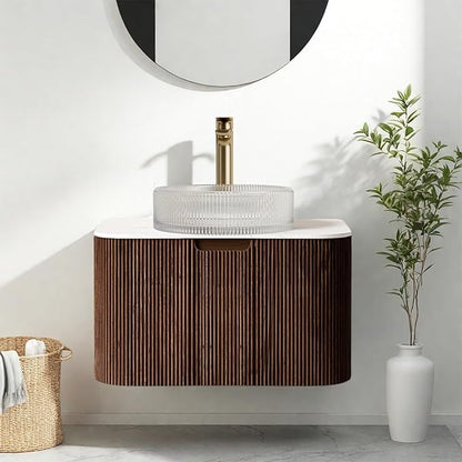 24" Modern Floating Bathroom Vanity with Sink, Wall-Mounted Cabinet with Round Crystal Glass Basin and Marble Top, Extra Soft-Close Large Storage Drawer, Pre-Assembled, Dark Walnut