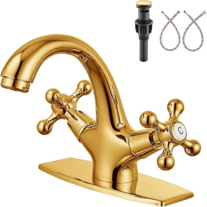 Aolemi Bathroom Sink Faucet Single Hole Cold and Hot Double Handle Cross Knobs Vanity Vessel Sink Basin Mixer Tap with Deck Cover Plate with Pop Up Drain Polish Gold