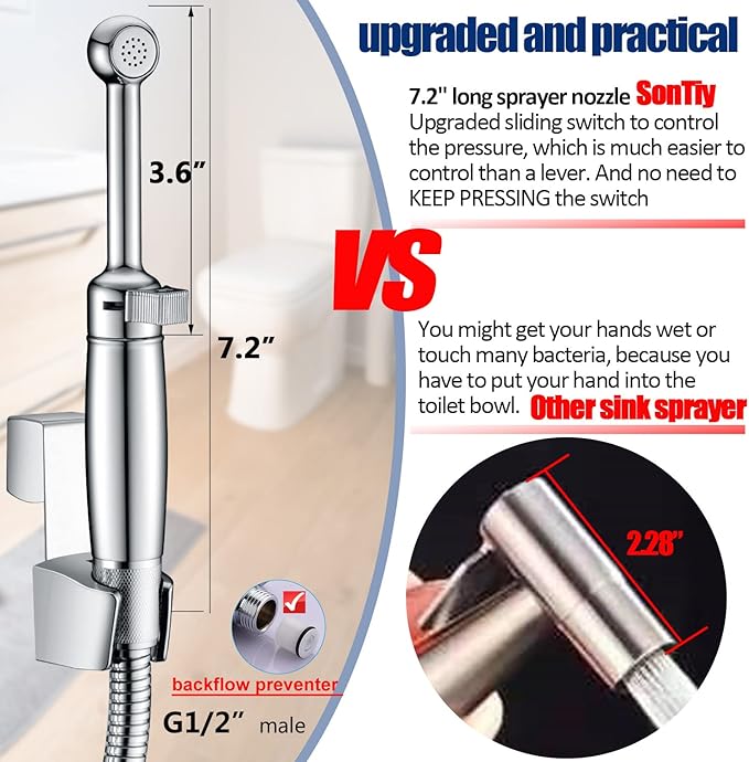 SonTiy Handheld Bidet Sprayer for Toilet, All Metal Cloth Diaper Toilet Sprayer Bidet Attachment with Backflow Preventer, Adjustable Water Jet Spray, 7.2" Brass Hand Held Bidet Wand, Chrome