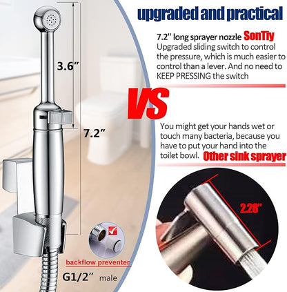 SonTiy Handheld Bidet Sprayer for Toilet, All Metal Cloth Diaper Toilet Sprayer Bidet Attachment with Backflow Preventer, Adjustable Water Jet Spray, 7.2" Brass Hand Held Bidet Wand, Chrome