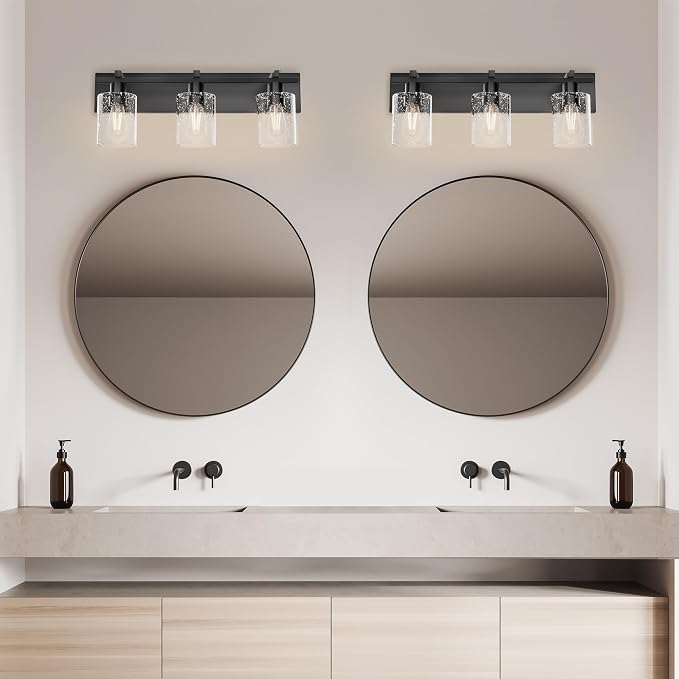 3-Light 21inch Black Vanity Light, Thickened Seeded Glass Shade | Over Mirror for Bathroom, Rust Resistant, E26 Base, Easy Install, Removable Glass Shade Horizontal Mount, Dimmable