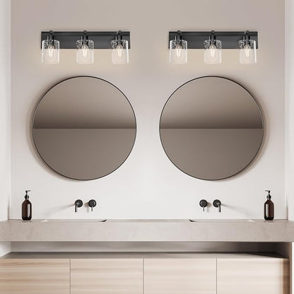 3-Light 21inch Black Vanity Light, Thickened Seeded Glass Shade | Over Mirror for Bathroom, Rust Resistant, E26 Base, Easy Install, Removable Glass Shade Horizontal Mount, Dimmable