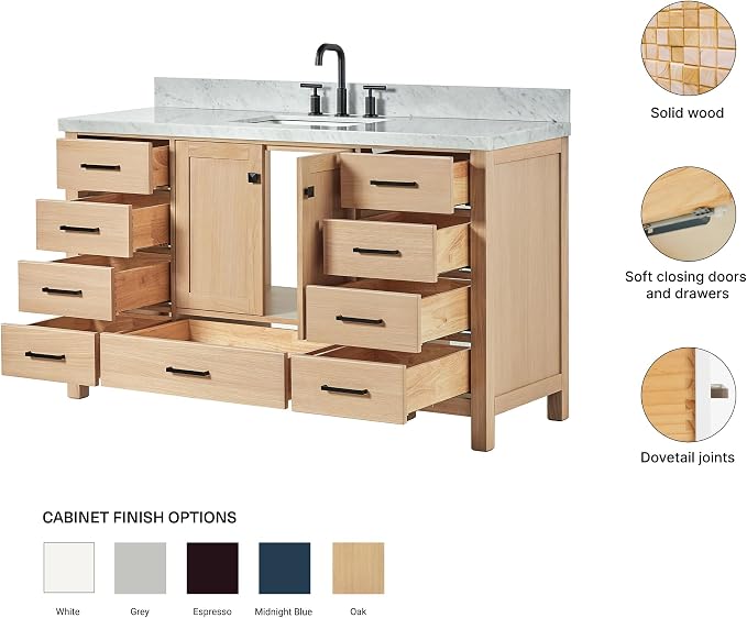 ARIEL Cambridge 60-inch Bathroom Vanity with Sink,Solid Wood, 1.5-inch Italian Carrara Marble Countertop, Single Rectangular Porcelain Sink, 2 Soft Closing Doors, 9 Dovetail Drawers, White Oak