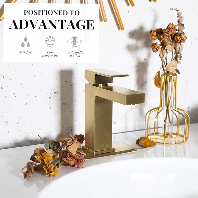 Bronze Gold Bathroom Faucet Single Hole, Gold Single Handle Bathroom Sink Faucet with Drain Assembly, Deck Plate Included, BF307-BB