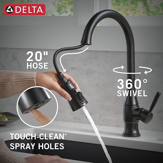 Delta Hazelwood Matte Black Kitchen Faucet with Pull Down Sprayer and Soap Dispenser, Modern Single Hole Kitchen Sink Faucet, Single Handle, Matte Black 19831Z-BLSD-DST