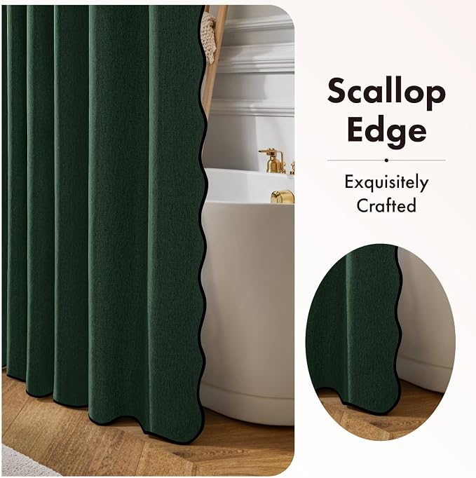 ANRODUO Dark Green Scalloped Linen Textured Shower Curtain, W72 x L84 | Boho Farmhouse Shower Curtain with 12 Metal Hooks, Machine Washable Waterproof Heavy Duty Fabric for Bathroom Bathtub