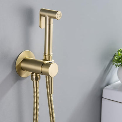 Warm Water Bidet Sprayer for Toilet with Hot and Cold Brass Rough-in Valve, Stainless Steel Round Handheld Bidet Attachment Set for Feminine, Pets and Baby Diaper Wash, Brushed Gold, BDS09-3