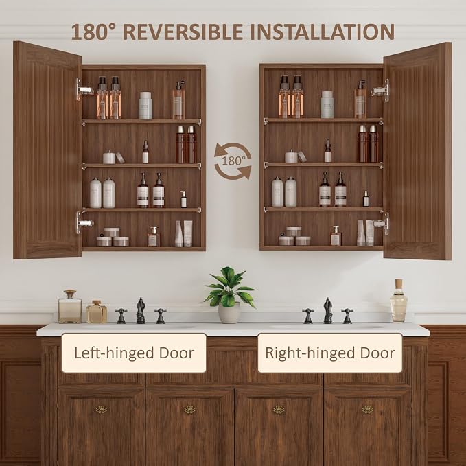 Buruis 20 x 28 Inch Bathroom Wood Medicine Cabinet Mirror, Walnut Finish | Fully Assembled Design, Adjustable Glass Shelves, Soft-Close Hinges, Bathroom Storage Organizer, Left/Right Opening