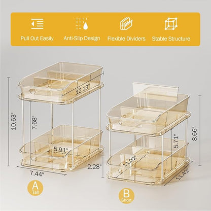 Delamu 2-Tier Under Sink Organizers and Storage, Multi-Purpose Stackable Bathroom Cabinet organizers, Pull Out Kitchen Pantry Organization and Storage with Dividers(2 Pack, Amber)