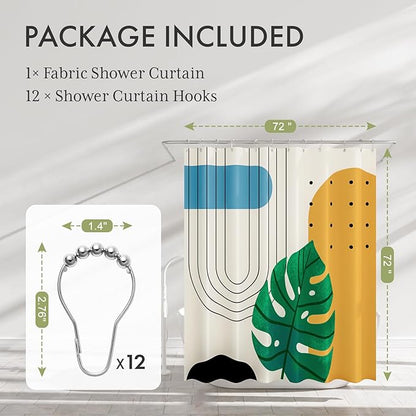 AmazerBath Boho Shower Curtain, Beige and Brown Abstract Cloth Shower Curtain with 12 Metal Hooks, Luxury Washable Farmhouse Polyester Fabric Bathroom Green Leaf Shower Curtain Set, 72x72 Inches