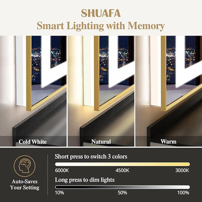 40X36 Inch LED Bathroom Mirror with Lights, Gold Frame Frontlit+ Backlit Bathroom Vanity Mirror for Wall, Ultra-Clear Tempered Glass, Shatter-Proof, Anti-Fog and Memory Function, ETL Listed