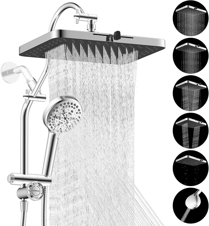 Hibbent cUPC Certified High Pressue 13'' Rainfall Shower Head with 5-Spray | Shower Heads with Handheld 10-Spray Combo, All Metal Easy Reach 4-way Diverter Extension Arm, 71'' Hose & Holder, Chrome