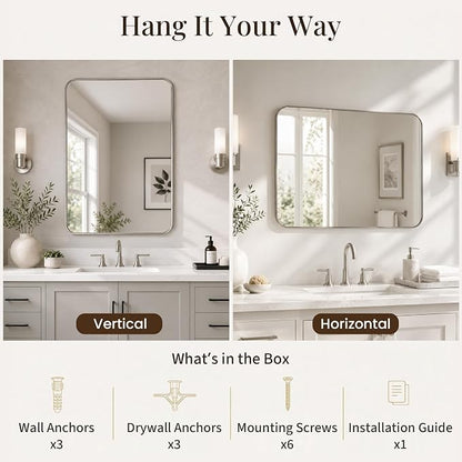2-Pack 22x30 Inch Brushed Nickel Rounded Rectangle Vanity Mirrors | Double Vanity or Two Bathrooms, Pair or Separate Use, Aluminum Frame, Slim Front Profile, Two-Way Mount