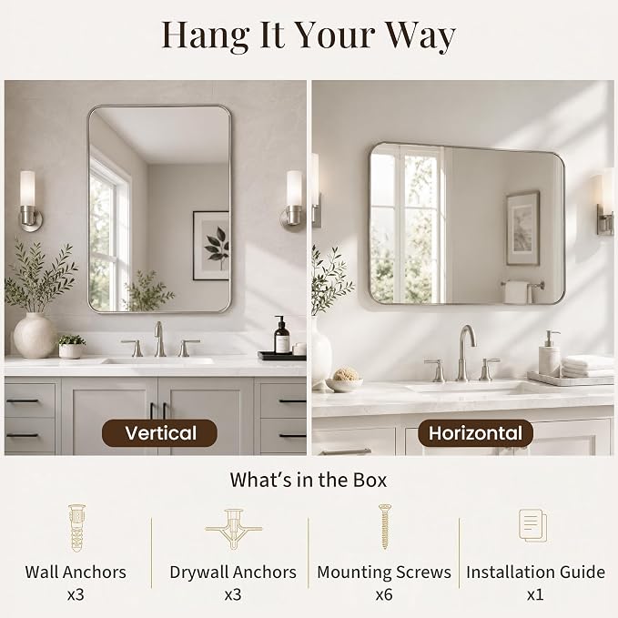 2-Pack 24x30 Inch Brushed Nickel Rounded Rectangle Vanity Mirrors | Double Vanity or Two Bathrooms, Pair or Separate Use, Aluminum Frame, Slim Front Profile, Two-Way Mount