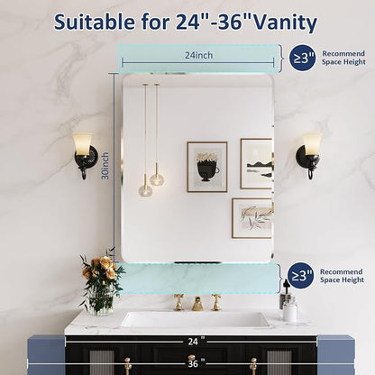 Medicine Cabinet Mirror 24x30 Inch, Chrome Bathroom Mirror Cabinet with Stepless Adjustable Shelves, Stainless Steel Frame, Bathroom Mirror with Storage Recessed or Wall Mount
