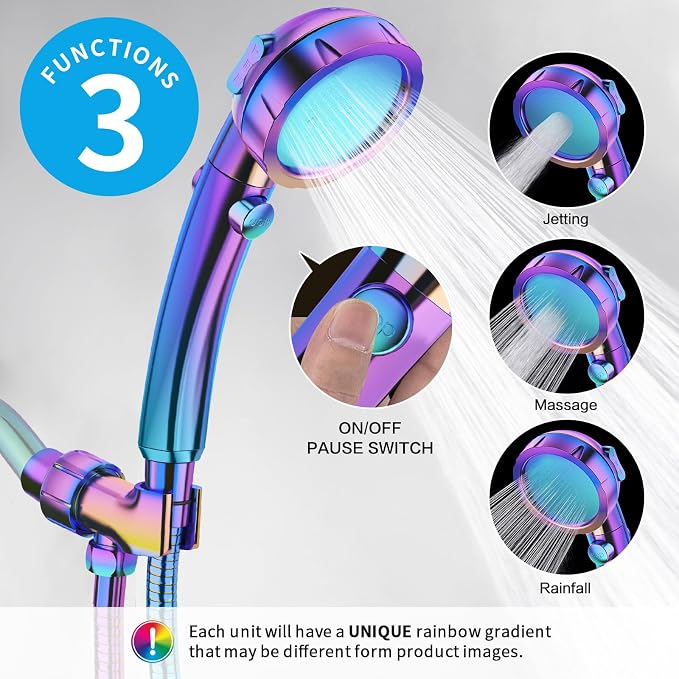 KAIYING High Pressure Handheld Shower Head with ON/OFF Switch, 3 Spray Modes, Adjustable Angle Bracket, Radiant Rainbow | 3 Spray Modes Shower Wand with Shut Off Button, Camper & RV Showerhead with Hose & Angle Adjustable Holder, Radiant Rainbow