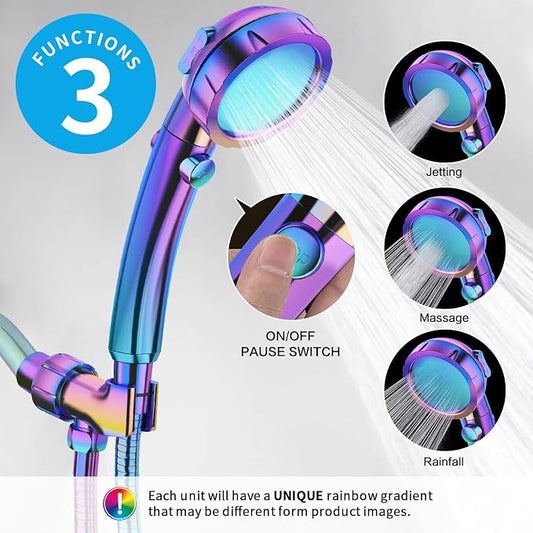 High Pressure Handheld Shower Head with ON/OFF Switch, 3 Spray Modes, Adjustable Angle Bracket, Radiant Rainbow | 3 Spray Modes Shower Wand with Shut Off Button, Camper & RV Showerhead with Hose & Angle Adjustable Holder, Radiant Rainbow