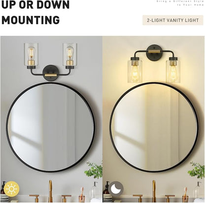 zeyu 2-Light Modern Vanity Lighting Fixture, 14 Inch Black and Gold Bathroom Light Fixture with Clear Glass Shade, ZS62B-2W BK+BG