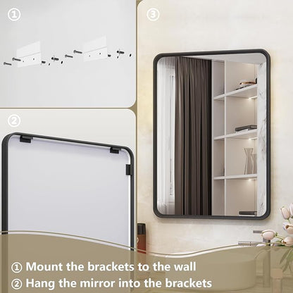 OKPAL 20X28 Inch Matte Black Bathroom Mirror for Wall, Black Metal Frame Vanity Mirror, Black Rounded Rectangle Mirror for Bedroom, Anti-Rust, Wall Mounted (Horizontal/Vertical)