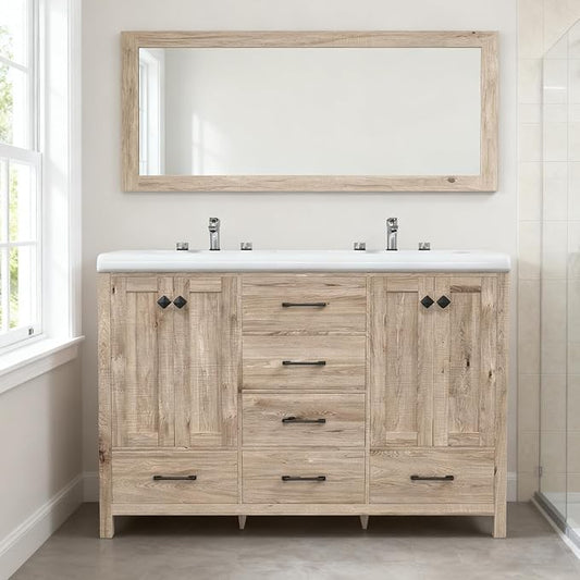 Bathroom Vanity with Sink Combo, 48" Modern Bathroom Storage Cabinet with Double Sink Ceramic, 4 Doors and 5 Drawers, Space-Saving Storage Cabinet, Light Gray Wood