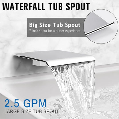 10 Inch Rainfall Shower System with Tub Spout Wall Mounted Complete Combo with Solid Brass Pressure Balancing Valve, High Pressure Shower Head, Handle Set & Installation Accessories Chrome