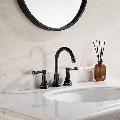 Oil Rubbed Bronze 8 inch Widespread Bathroom Sink Faucet 3 Holes with Pop-Up Drain, 2 Handle Modern Bathroom/Vanity/Lavatory Faucet with Brass 360° Swivel Spout, TAF830Y-ORB