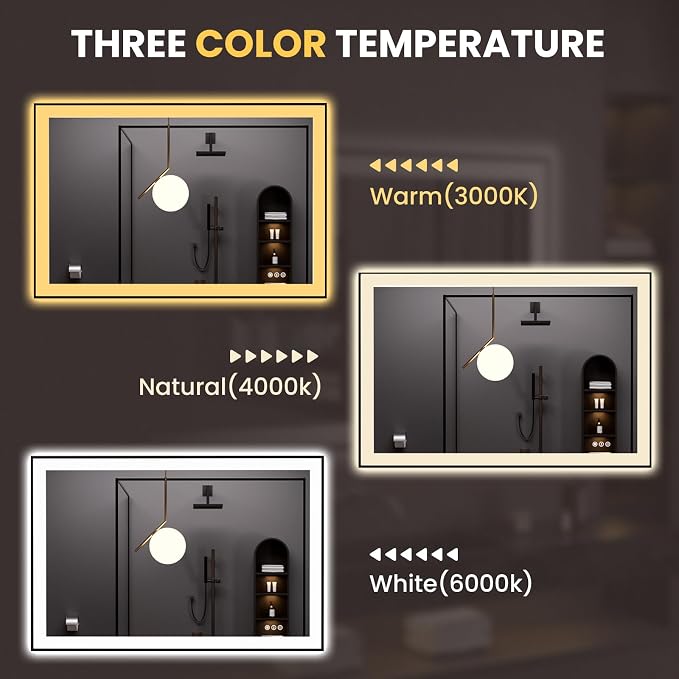 LOAAO 48"X32" LED Bathroom Mirror Black Framed | Anti-Fog, Dimmable, Memory Function, Tempered Glass, Lighted Vanity Mirror for Wall