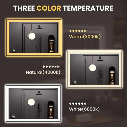 LOAAO 48"X32" LED Bathroom Mirror Black Framed | Anti-Fog, Dimmable, Memory Function, Tempered Glass, Lighted Vanity Mirror for Wall