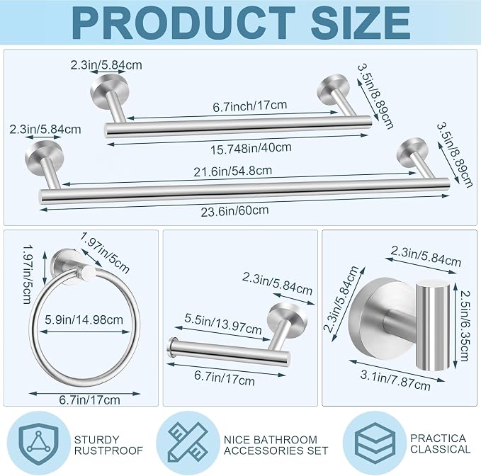 Gisafai 20 Pcs Brushed Nickel Bathroom Accessories Hardware Set Silver Towel Racks for Bathroom SUS304 Stainless Steel 23.6 Inch Brushed Towel Bar Ring Toilet Paper Holder Robe Hooks Wall Mounted