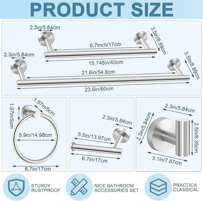 Gisafai 20 Pcs Brushed Nickel Bathroom Accessories Hardware Set Silver Towel Racks for Bathroom SUS304 Stainless Steel 23.6 Inch Brushed Towel Bar Ring Toilet Paper Holder Robe Hooks Wall Mounted