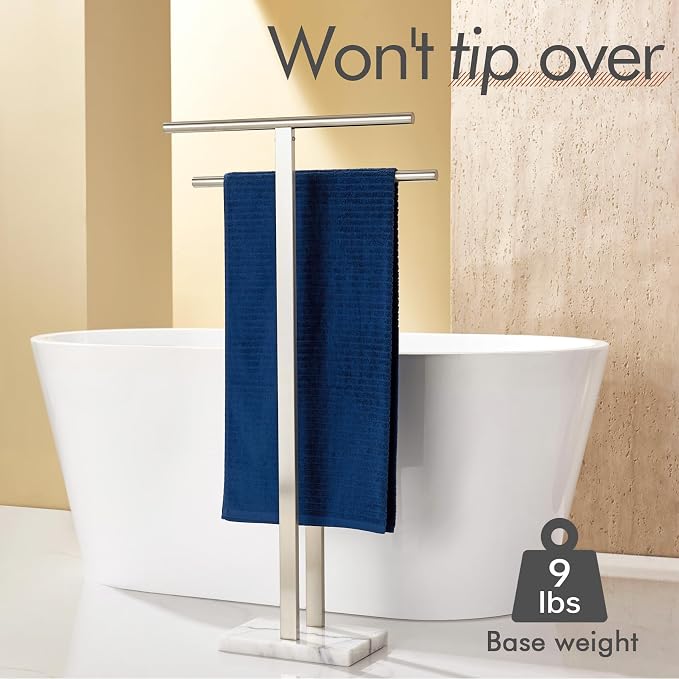 KOKOSIRI Towel Rack Free Standing Brushed Nickel 2-Tier Towel Holder for Bathroom Floor Stand with Heavy Marble Base Thicken Steady Design Stainless Steel THS0005-BR