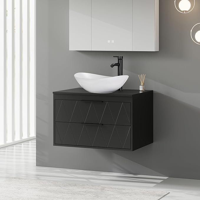 eclife 30" Floating Bathroom Vanities with Sink Combo, Wall Mounted Modern Cabinet W/Diamond Line Pattern Design, White Boat Ceramic Vessel Sink W/Water Save Faucet & Pop Up Drain, Black