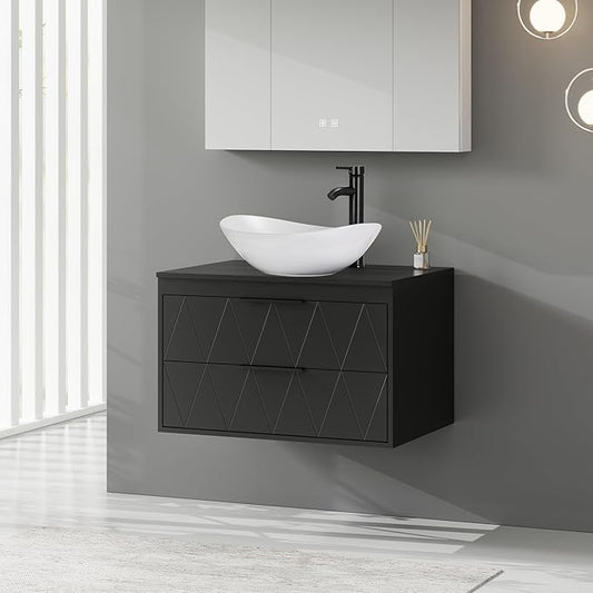 eclife 30" Floating Bathroom Vanities with Sink Combo, Wall Mounted Modern Cabinet W/Diamond Line Pattern Design, White Boat Ceramic Vessel Sink W/Water Save Faucet & Pop Up Drain, Black