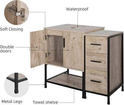UEV 36" Bathroom Vanity, Oak Color Bathroom Vanity Set with Sink and 3 Drawers Side Cabinet Combo, with Adjustable Water Temperature Faucet (T03)