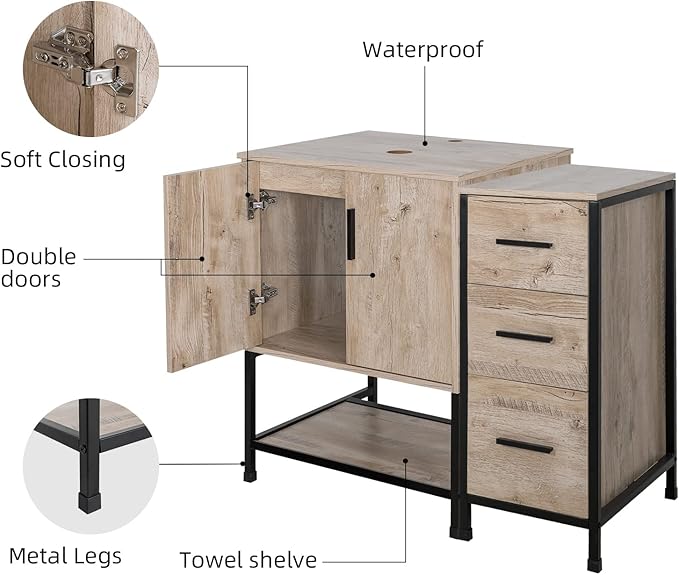 UEV 36" Bathroom Vanity Set, Oak Color Bathroom Vanity Set with 3 Drawers Side Cabinet Combo (Without Sink)