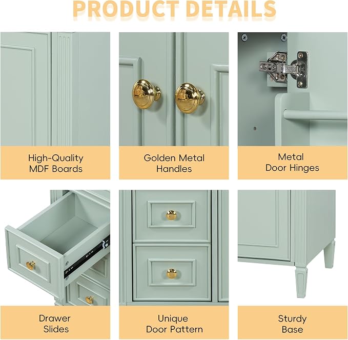 36" Bathroom Vanity Cabinet with Ceramic Countertop Sink Combo Set, Solid Wood Frame, Tilt-Out Drawers and Left Side Drawers, Soft Closing Door Hinges, Modern Style, Green