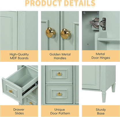 36" Bathroom Vanity Cabinet with Ceramic Countertop Sink Combo Set, Solid Wood Frame, Tilt-Out Drawers and Left Side Drawers, Soft Closing Door Hinges, Modern Style, Green