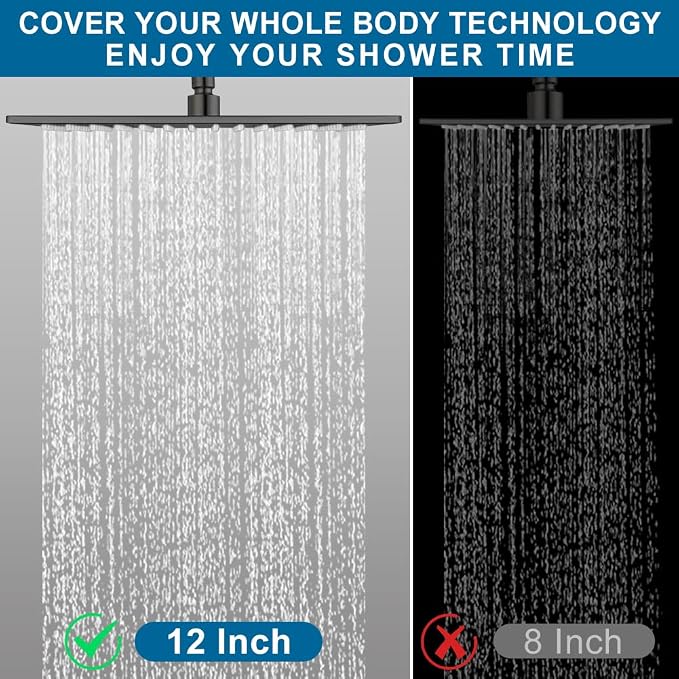 Matte Black Shower Faucet Set Rainfall 12 Inch Shower Head and Handle Set Bathroom Rain Shower System Wall Mounted Shower Fixture Include Shower Valve and Trim Kit