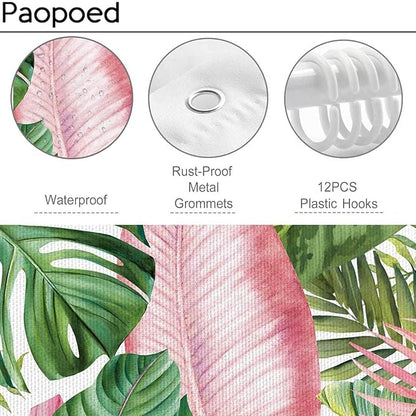 Botanical Shower Curtain Tropical Green Pink Leaves Watercolor Bathroom Curtain with Hooks, Waterproof Fabric 72 x 72 Inch