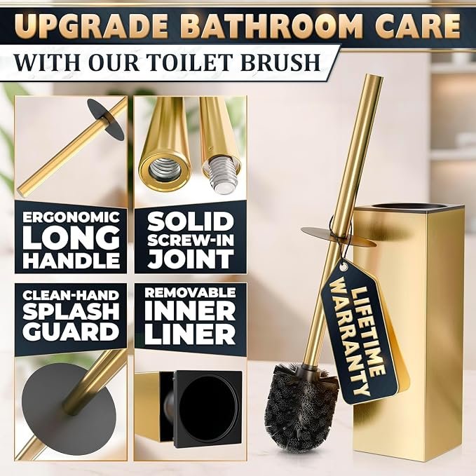 Gold Toilet Brush and Holder Set, Stainless Steel (Square) | Toilet Brush with Holder Set for Bathroom, Splash Protection & Dense Bristles for Bathroom Cleaning, Removable Inner Bowl