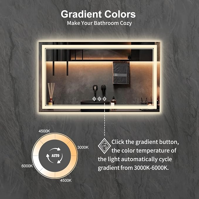 LED Vanity Mirror, 48x30 Inch Gradient Front and Backlit LED Mirror for Bathroom, 3 Colors Dimmable CRI>90 Double Lights, IP54 Enhanced Anti-Fog, Hanging Plates Wall Mount Lighted Mirror