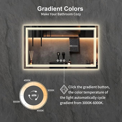 LED Vanity Mirror, 48x30 Inch Gradient Front and Backlit LED Mirror for Bathroom, 3 Colors Dimmable CRI>90 Double Lights, IP54 Enhanced Anti-Fog, Hanging Plates Wall Mount Lighted Mirror
