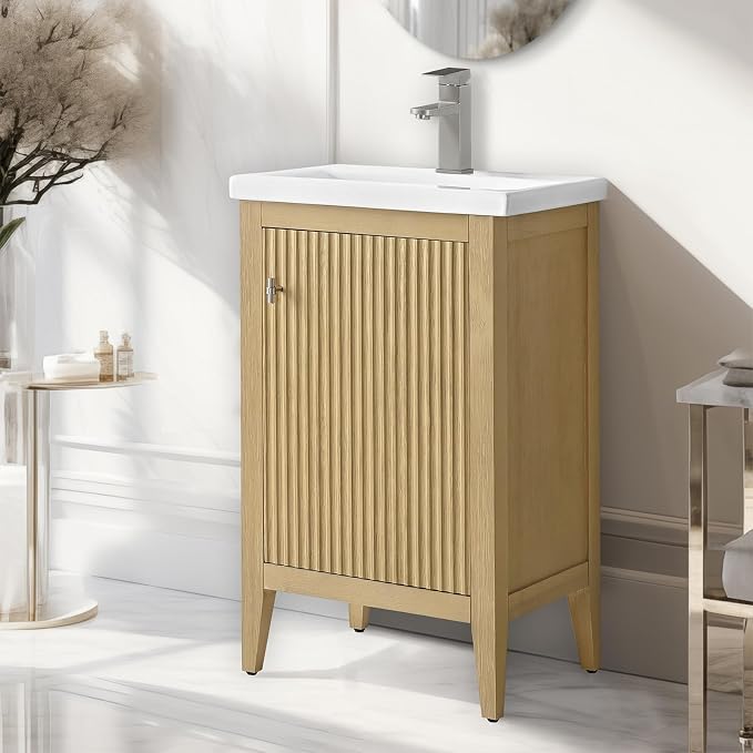 Vanity Art 20 inch Bathroom Vanity with Single Sink & Ceramic Top, Vanity Cabinet with Soft-Closing Door, Solid Wood Frame, Linear Pattern, Natural Oak, Golden Brushed Handware VA9120-NO-GB