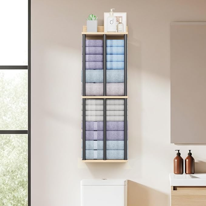 Large Capacity Three-Layer Towel Racks for Bathroom Wall Mounted, Updated 3 Bar Towel Holder for Bath Wall, Bath Towel Rack for Bathroom Wall, Metal Small Bathrooms Towel Storage Rack, Oak Color