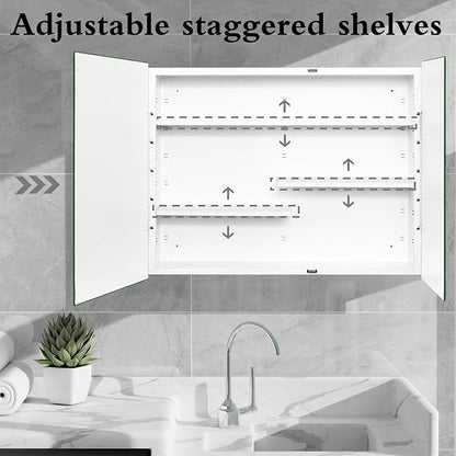 Fundin White Medicine Cabinet Recessed or Surface Mount, Bathroom Medicine Cabinet with 30 x 24 Beveled Edge Mirror Size and Adjustable Staggered Shelves