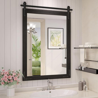 Farmhouse Bathroom Mirror, 24x36 Inch Black Vanity Mirror for Wall, Wood Framed Rustic Mirror Rectangular Wall Decor Mirrors for Entryway Living Room Bedroom